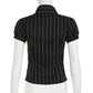 CIBBAR Black Striped Print Blouse Vintage 2000s Button Up Puff Short Sleeve Crop Top Women Korean Fashion T Shirt Streetwear y2k