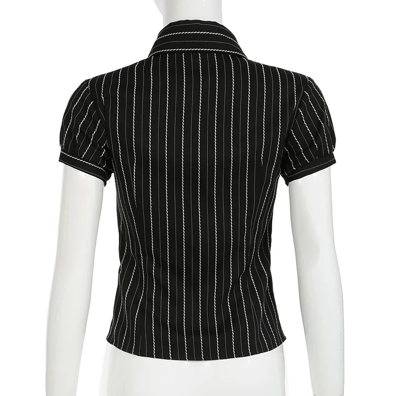 CIBBAR Black Striped Print Blouse Vintage 2000s Button Up Puff Short Sleeve Crop Top Women Korean Fashion T Shirt Streetwear y2k