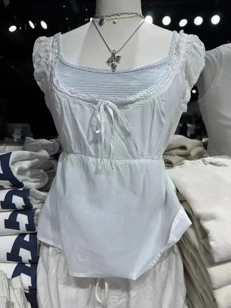 2024 New White Lace Tied Square Neck Summer T-shirts Chic Elegant Short Sleeve Tee Cotton Y2K Street Casual Bow Tie-up Top Women