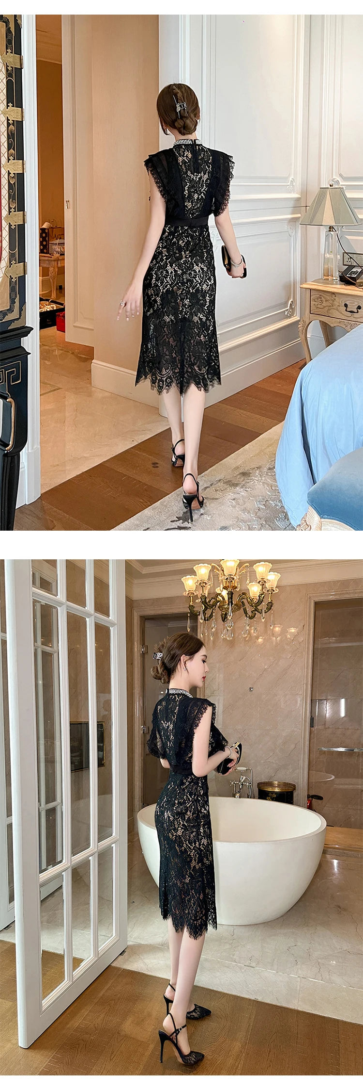 Women's French Noble Elegant Prom Dresses Black Lace Sheer Perspective Diamond High Waist Fishtail Robe Party Banquet Vestidos