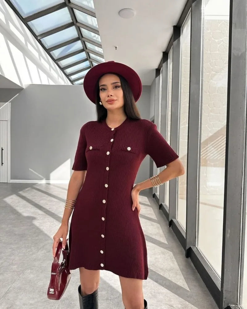 Trendix Elegant Knit Mini Dress Women Street Slim High Waist Short Sleeve Rib Sweater Dresses Vacation Bodycon Knitwear Dress