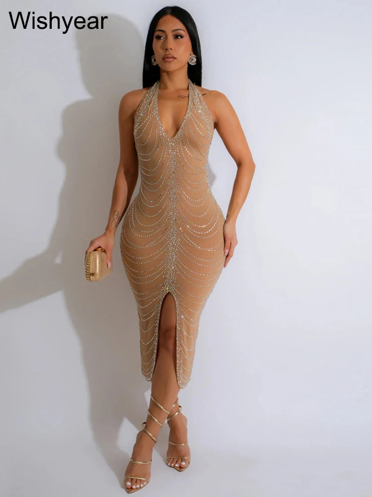 New Sexy Diamonds Halter Black Party Bodycon Midi Dress Women Sleeveless Backless Front Split Birthday Night Prom Club Vestidos