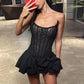Talenza Black Lace Strapless Dress Women's Sexy Sleeveless Pleated A-Line High Waist Dress Backless Off Shoulder Y2k Party Dress