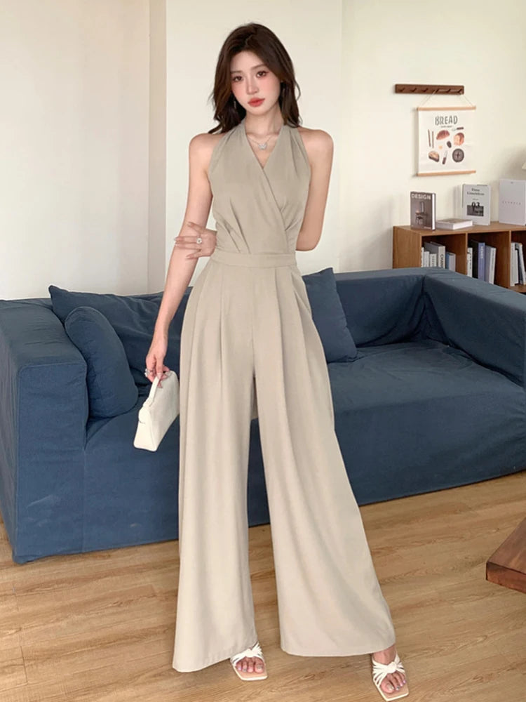 Fashion Elegant Women's Maxi Jumpsuits Style Formal Casual Hatler Bandage Bow Backless Long Pants Party Mujer Loose Rompers Lady