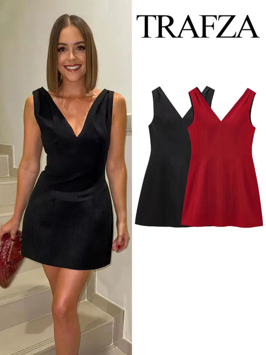 TRAFZA Summer Women V-Neck Sleeveless Backless Decorate Zipper Mini Dress Fashion Woman Sexy Dresses Street Style Party Dress