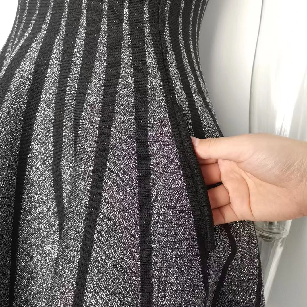 2024 Autumn Vintage Style High Quality Lady Sleeveless O-neckline Women Mini Short Knitted A-line Striped Dress