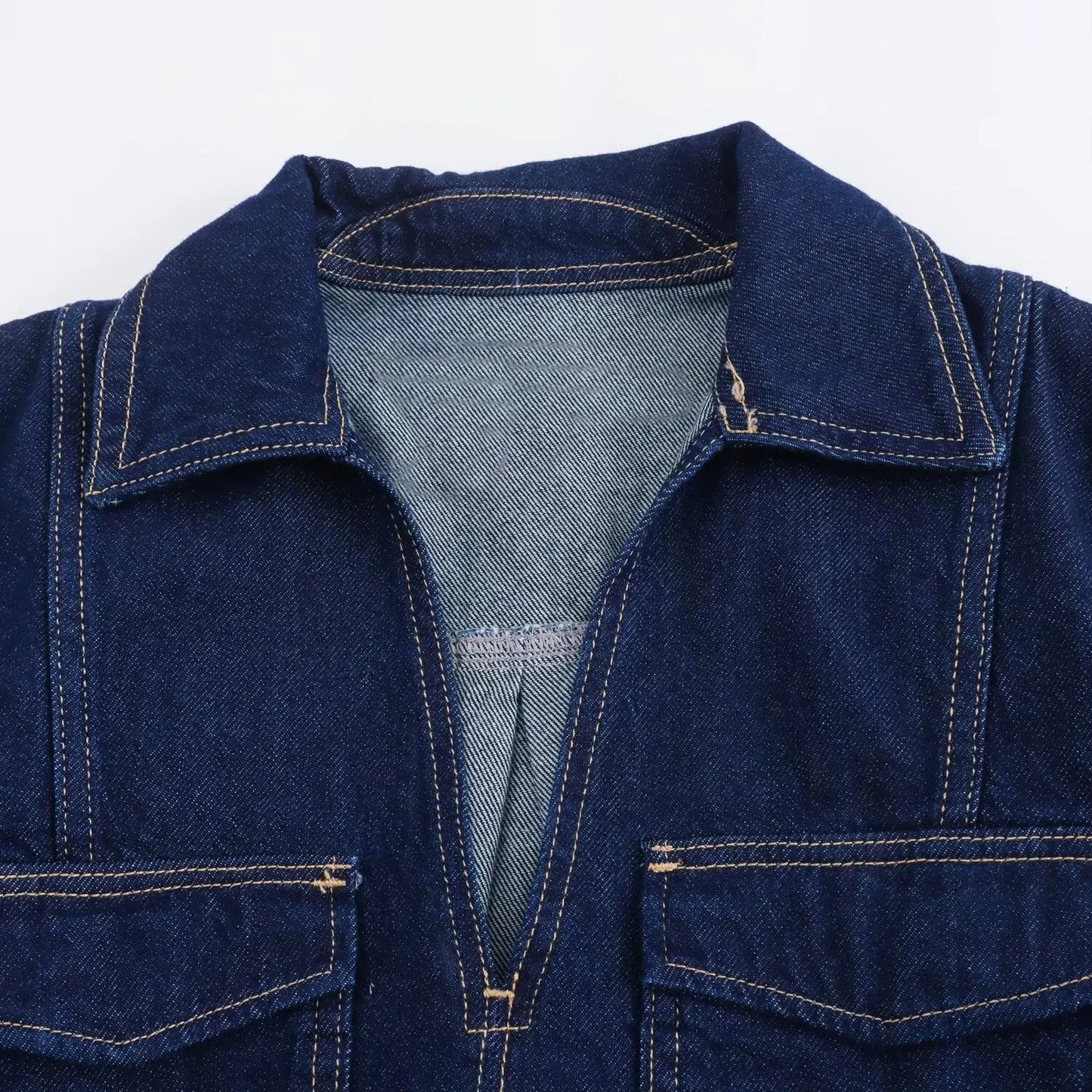 TRAFZA Summer Women Suits Denim Blue Turn-Down Collar Short Sleeves Pocket Decoration Shirts+Mid Waist Asymmetrical Shorts