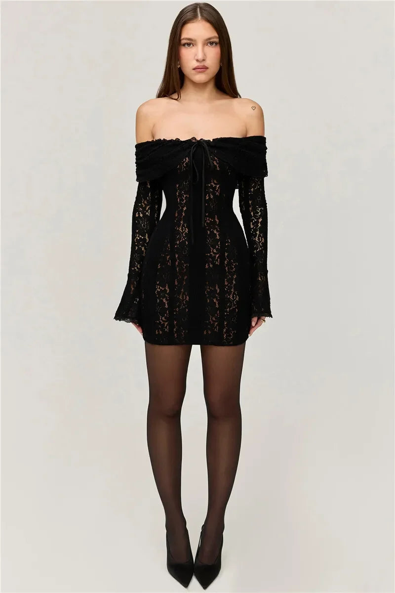 Oligai Winter Lace Long Sleeve Evening Party Dresses Women 2025 Black Sexy Elegant Maxi Dress Fashion Long Wedding Guest Dress