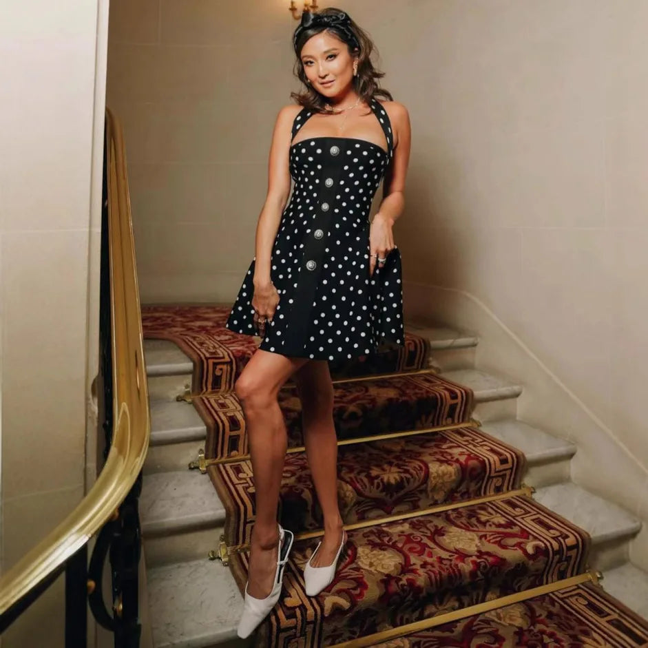 Tuularose Knit Backless Short Dress Women's High Waist Sleeveless Polka Dot Neck Dress Elegant Vintage Party Evening Dress 2025