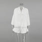 Tuularose White V-neck Shorts Set 2025 Summer Patchwork Lacing Cotton Linen Loose Women Two Piece Casual Solid Long Sleeve Suit
