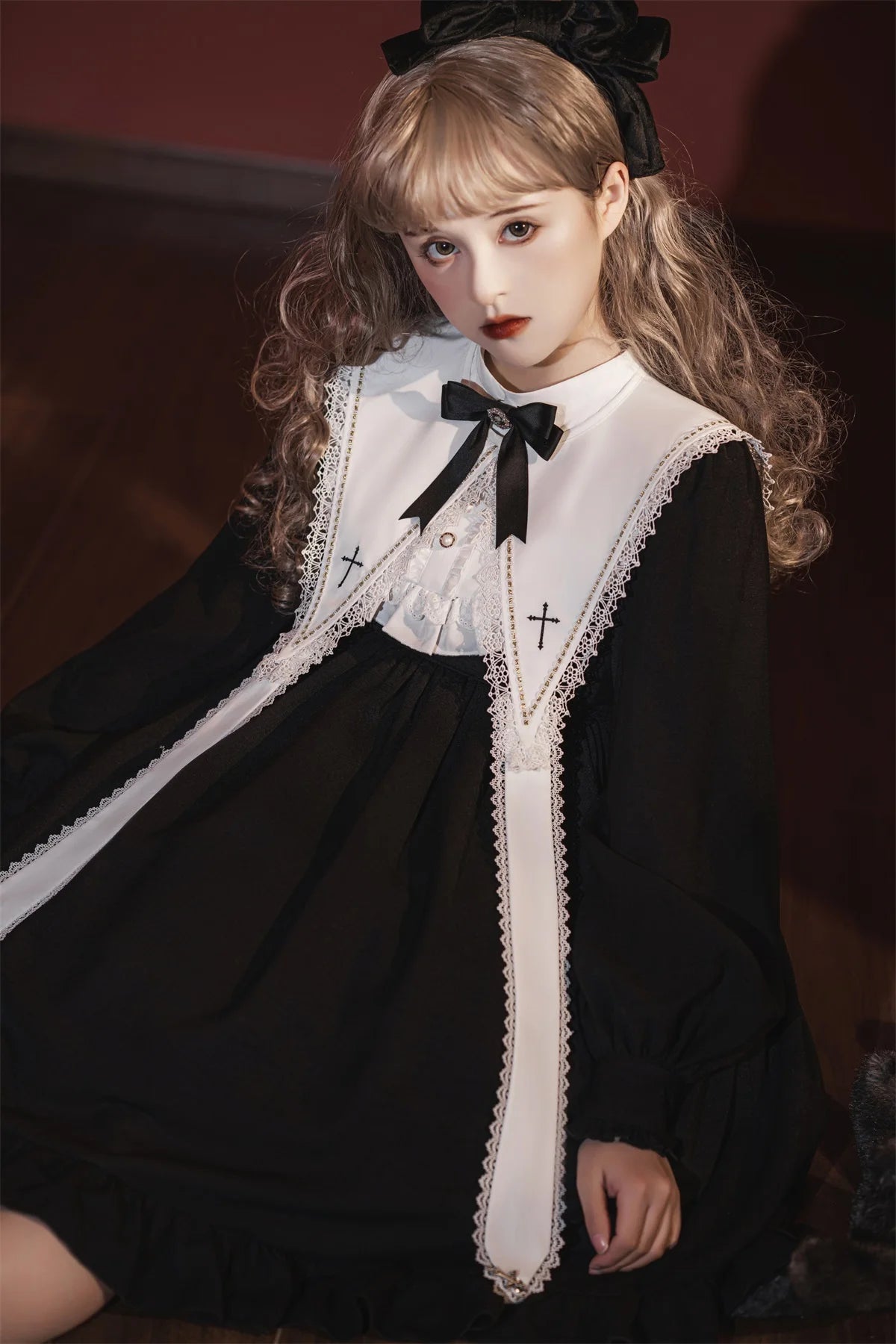 Contract Color Lolita Dress for Women Gothic Style Dark Girl Japanese Retro Op Dress Autumn and Winter Long Sleeve Black Dress