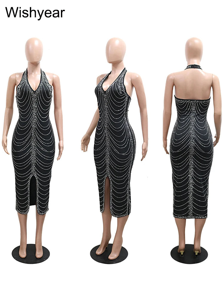 New Sexy Diamonds Halter Black Party Bodycon Midi Dress Women Sleeveless Backless Front Split Birthday Night Prom Club Vestidos