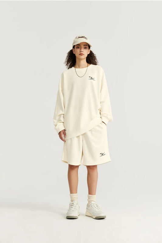 INFLATION Spring Oversized Tracksuit Sportswear Unisex Pique Fabric Embroidery Long Sleeve Tees and Shorts Set