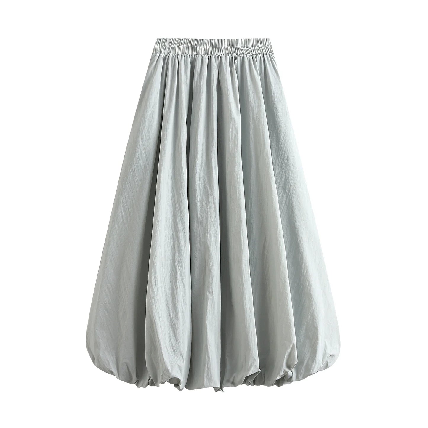 Combhasaki Women's Elegant Elastic High Waist Solid Color A-Line Pleated Puffball Hem Casual Flowy Balloon Bud Midi Skirts
