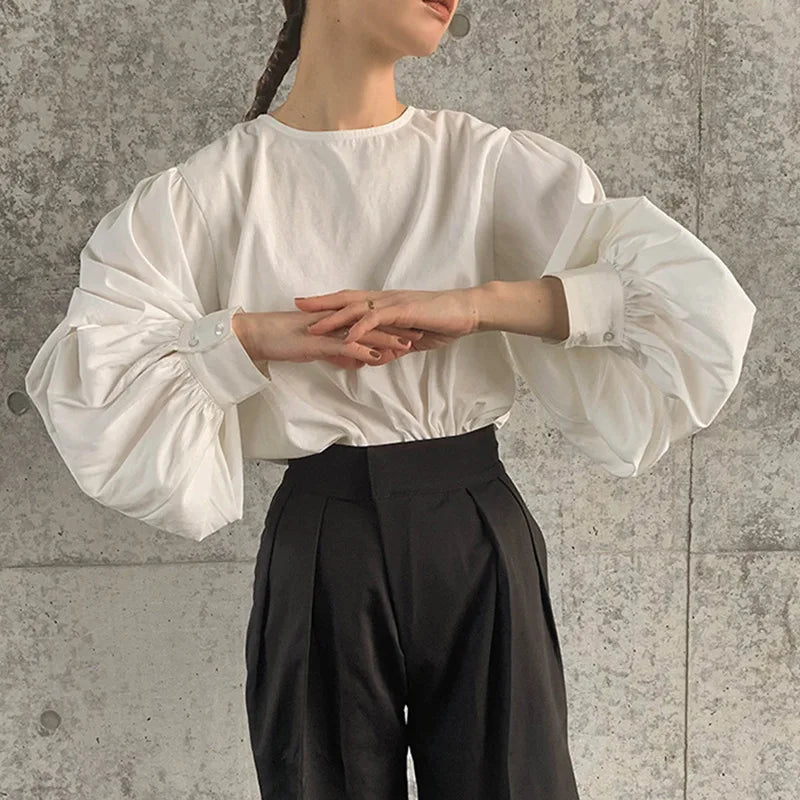 Japan Style Office Lady Elegant Vintage Blouse Women O-neck Loose Lantern Sleeve Shirts Solid All-amtch Blusas Autumn Ladies Top
