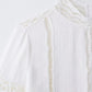 TRAFZA Women Fashion O-Neck Crocheting Details White Skirt Suit Short-sleeve Blouse+Side Zipper White Pleated Midi Se Long Skirt