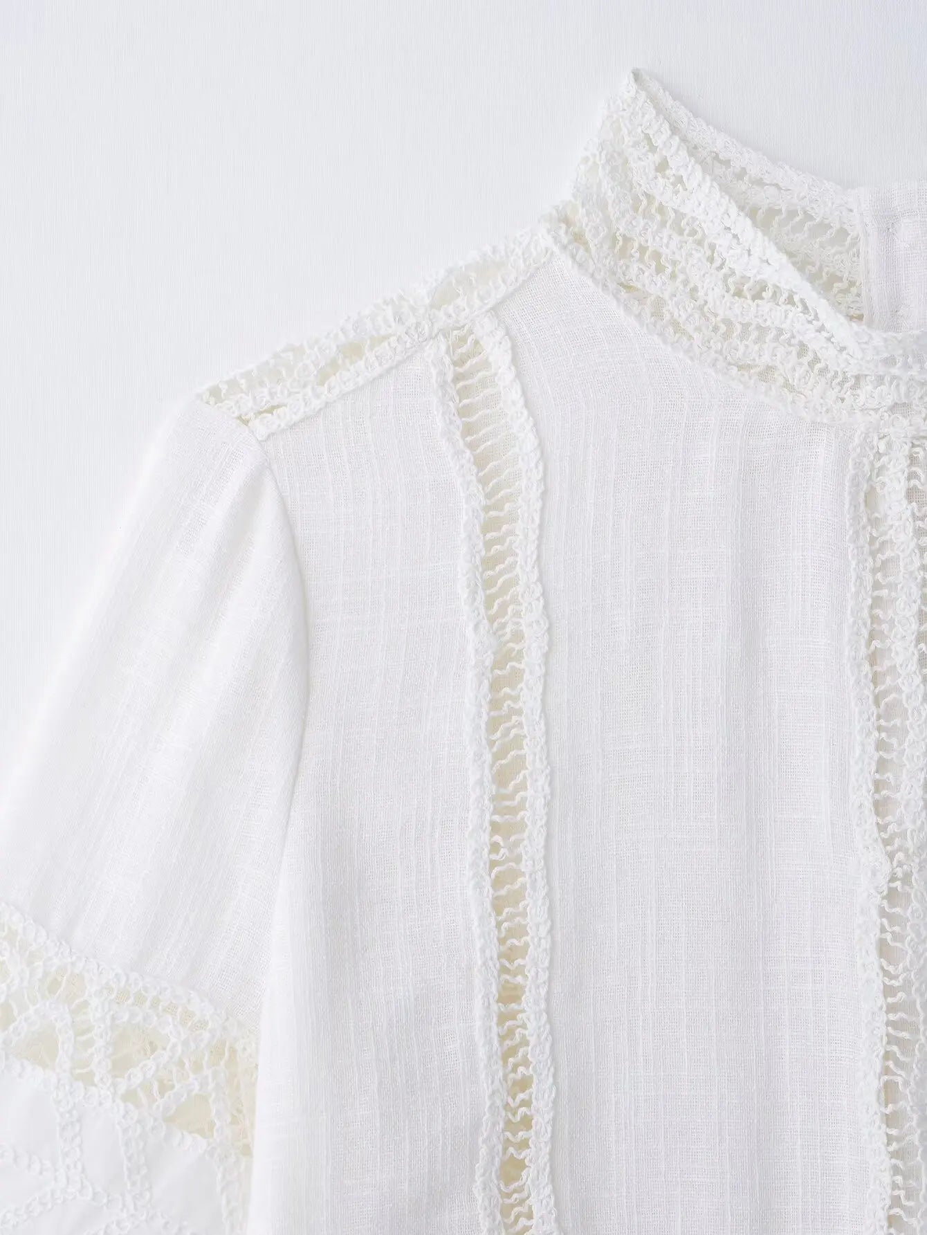 TRAFZA Women Fashion O-Neck Crocheting Details White Skirt Suit Short-sleeve Blouse+Side Zipper White Pleated Midi Se Long Skirt