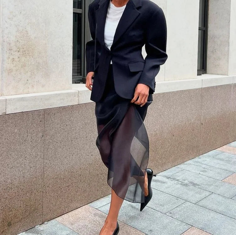 Tuularose Black Mesh Skirt Women's Sexy Perspective High Waist Slit Hip Cover Skirt Summer Fashion Casual Office Lady Skirt 2025