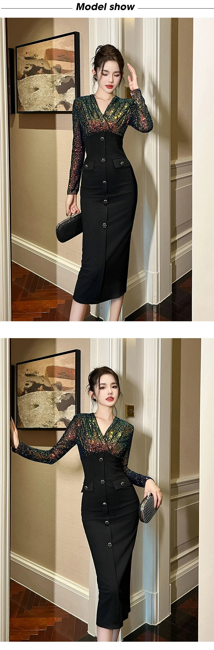 Luxury Elegant Annual Party Dress Women French Colorful Sequins Black Bodycon Single Breasted Robe Femme Banquet Prom Vestidos