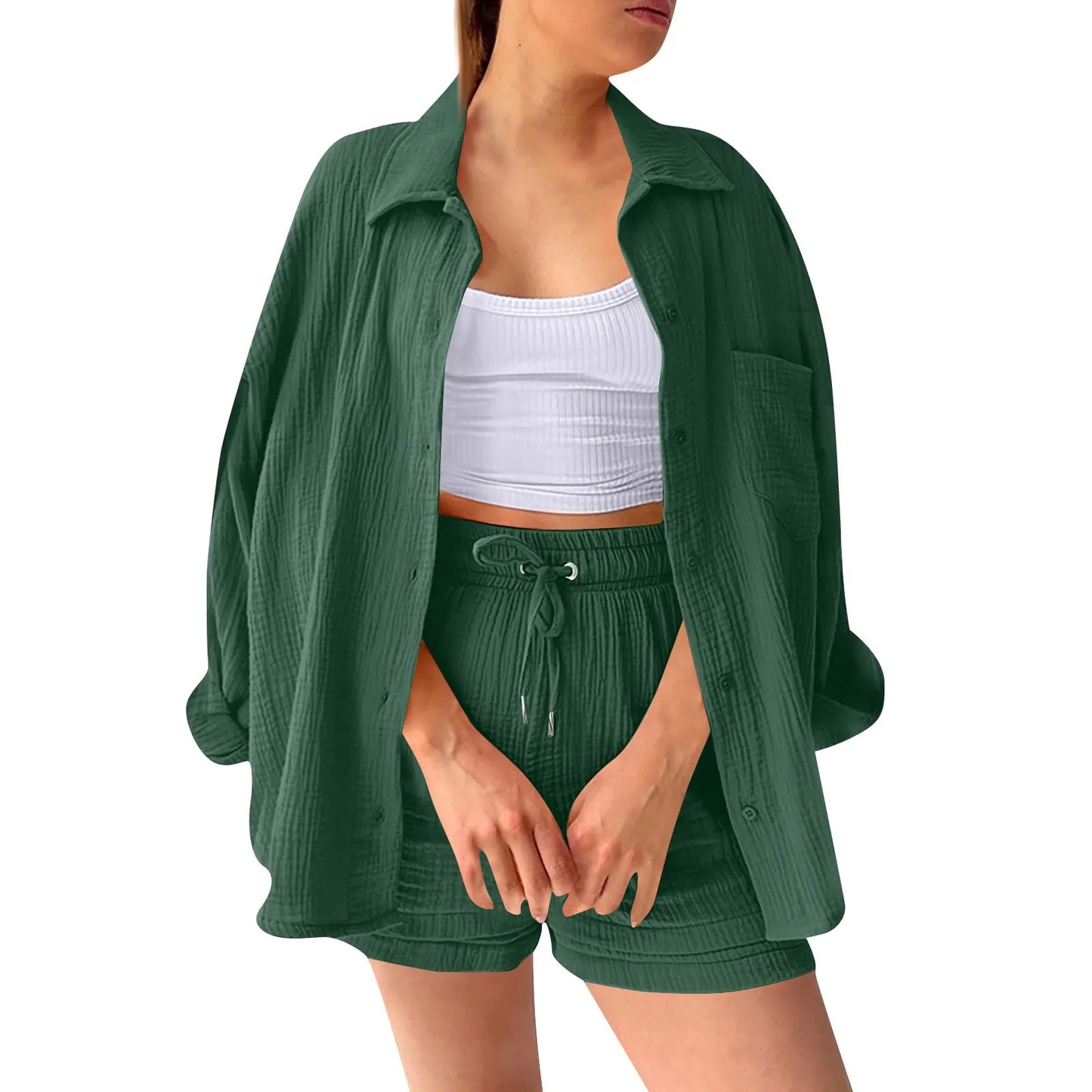 Summer Cotton Linen High Waist Shirt Shorts Women Turn Down Collar Long Sleeve Tops and Shorts Suit Cotton Casual Two Piece Sets