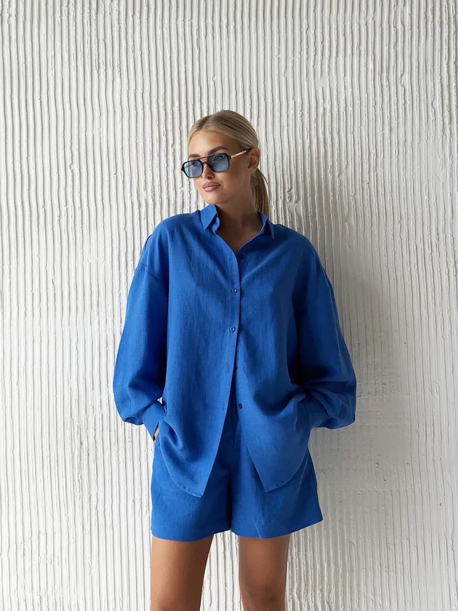 Wolfeel Women's Casual Shorts Sets 100% Cotton Solid Color Cozy Lapel Long Sleeve Shirt Summer New Elastic Waist Shorts Suits