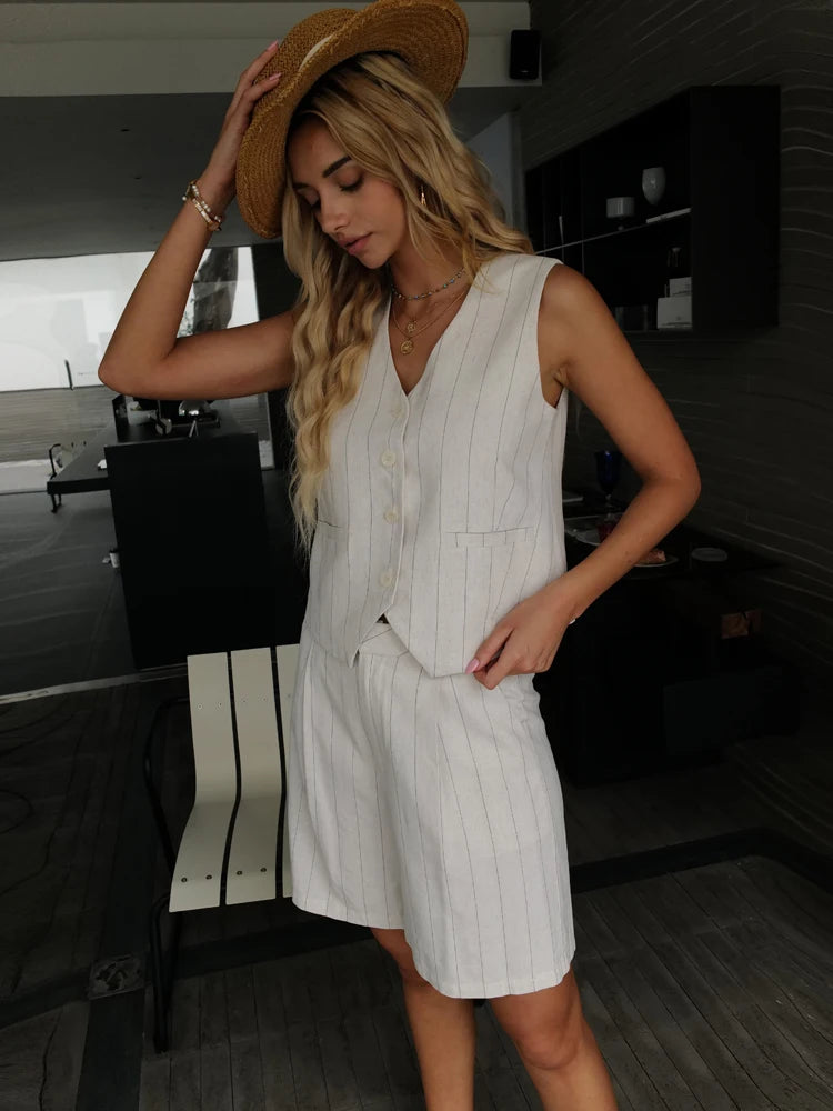 2025 Summer Casual Linen Striped Vest Shorts sets