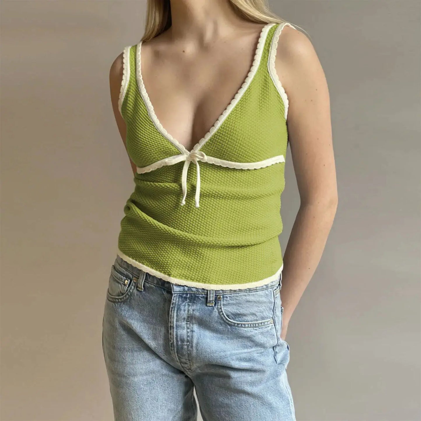 Bow V-neck Knitted Slim Crop Top Women Summer Patchwork Spaghetti Strap Sleeveless Tank Tops Casual Streetwear All-match Vests