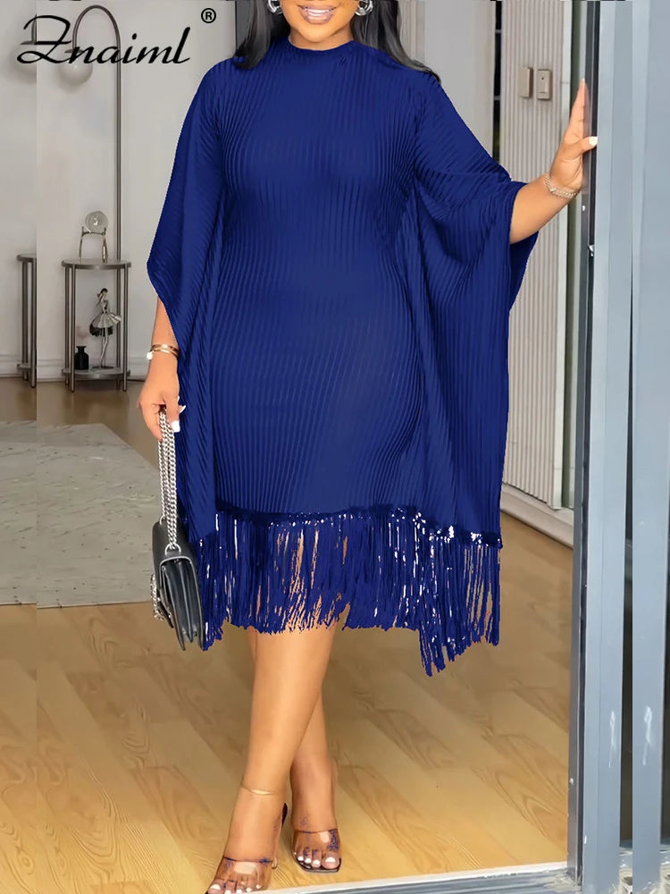 Znaiml Elegant Batwing Sleeve Tassel Slim Birthday Party Black Midi Dresses Women Sexy Evening Prom Bodycon African Vestidos New