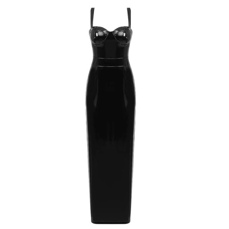 Sexy Patent Leather Spaghetti Strap Dress Women Summer Slim PU Maxi Dresses Sleeveless Backless Camisole Party Evening Dress