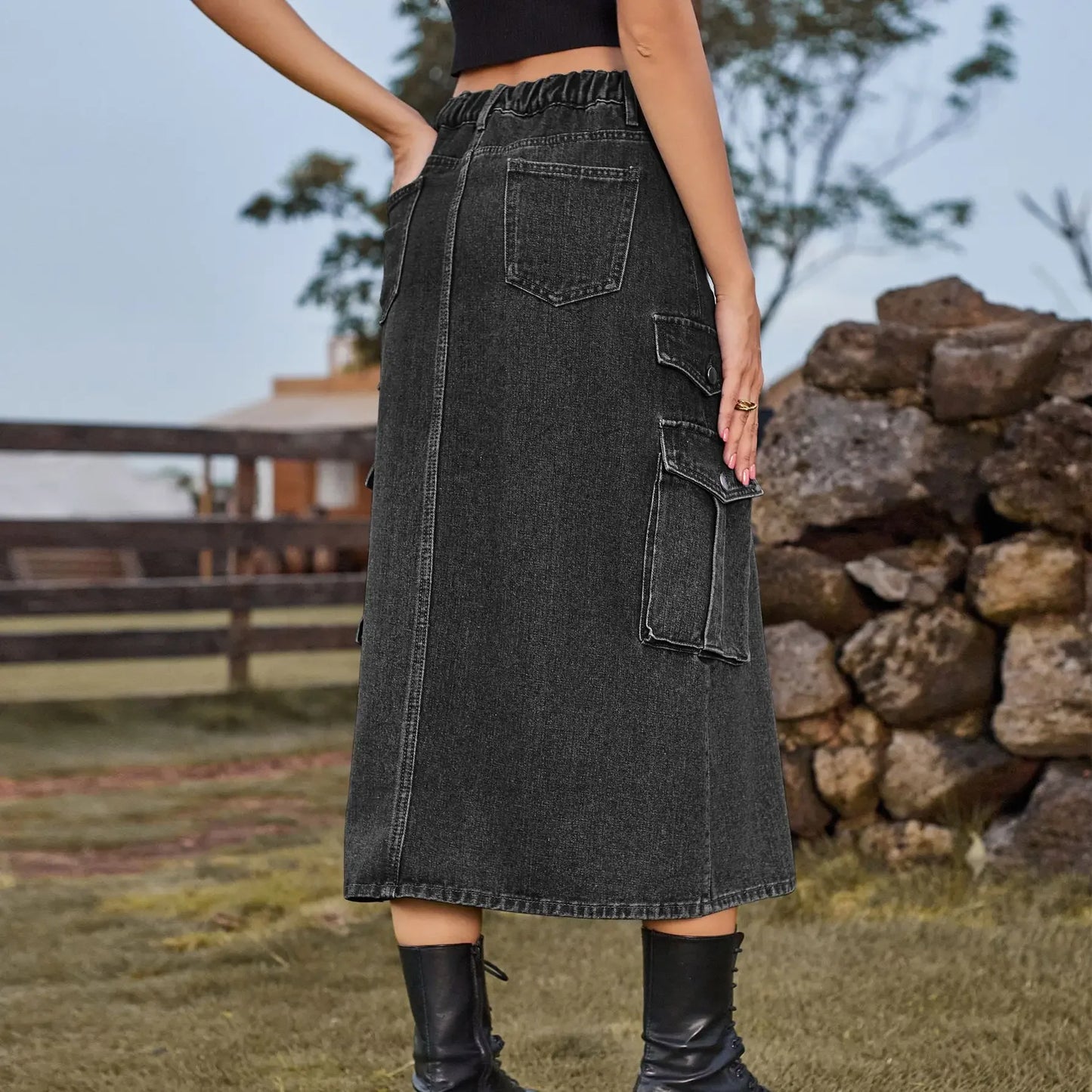 American Style Elastic Waist Denim Workwear Casual Long Dress Skirt New Arrival Women's Clothing European And American Crossbody