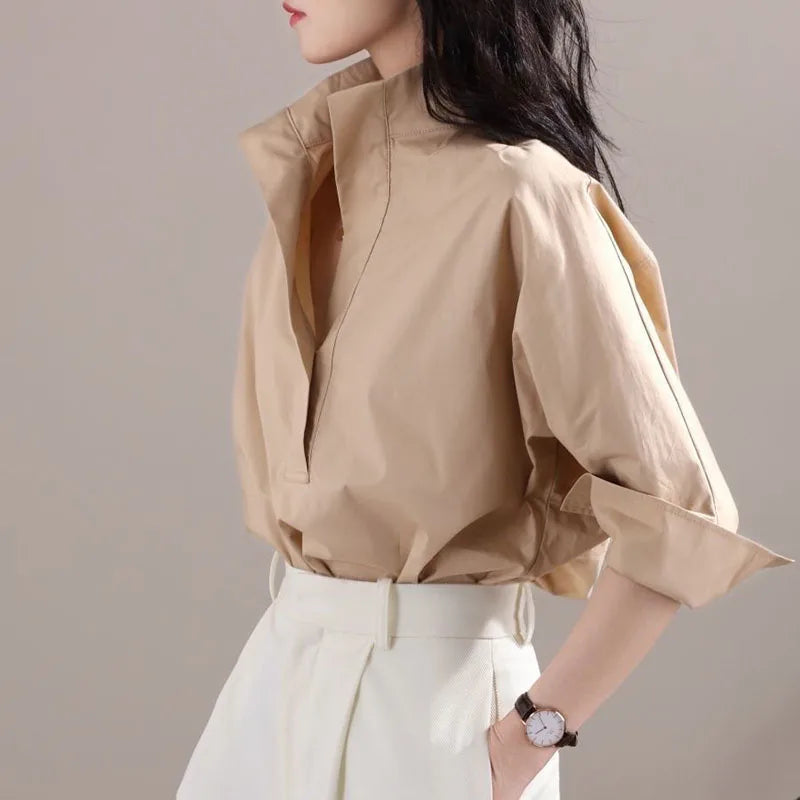 Fashion Stand Collar Solid Color Korean Blouse Women's Clothing 2023 Spring New Casual Pullovers All-match Office Lady Shirt