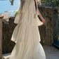 Vintage Women Beige Elegant Off Shoulder Evening Party Dress Summer Sleeveless Vacation Pleated Halter Cake Long Sundress Simple