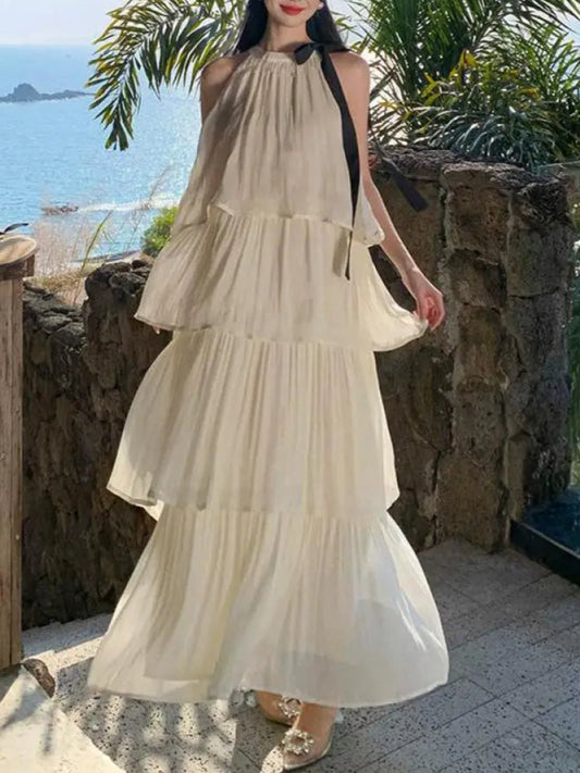 Vintage Women Beige Elegant Off Shoulder Evening Party Dress Summer Sleeveless Vacation Pleated Halter Cake Long Sundress Simple
