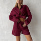 Wolfeel Women's Casual Shorts Sets 100% Cotton Solid Color Cozy Lapel Long Sleeve Shirt Summer New Elastic Waist Shorts Suits