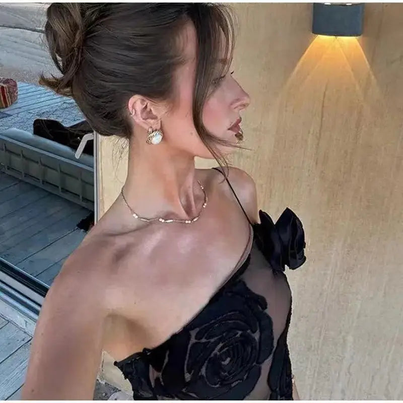Mingmingxi Black Mesh Birthday Dress for Women 2024 One Shoulder Sexy Long Dress Slim Elegant Flower Wedding Guest Party Dresses