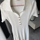 Summer New Women's Turn Down Collar Short Sleeve Knitted Mini Dress Slim Fit A-line Diamond Buttons White Short Dress  C-050