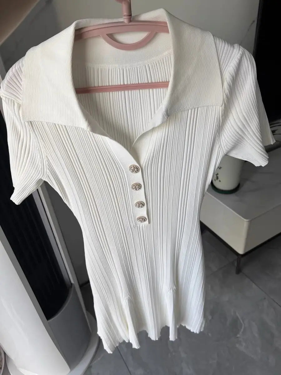 Summer New Women's Turn Down Collar Short Sleeve Knitted Mini Dress Slim Fit A-line Diamond Buttons White Short Dress  C-050