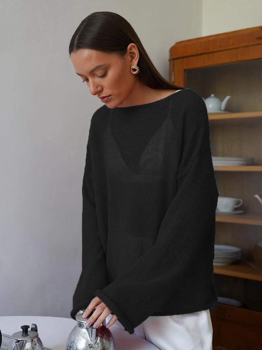 Original Fashion Hollow Out Knit Shirt Spring And Summer Women's Perspective Thin O-Neck Loose Elastic Long Sleeve Knit T-shirt