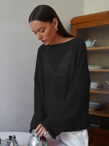 Original Fashion Hollow Out Knit Shirt Spring And Summer Women's Perspective Thin O-Neck Loose Elastic Long Sleeve Knit T-shirt