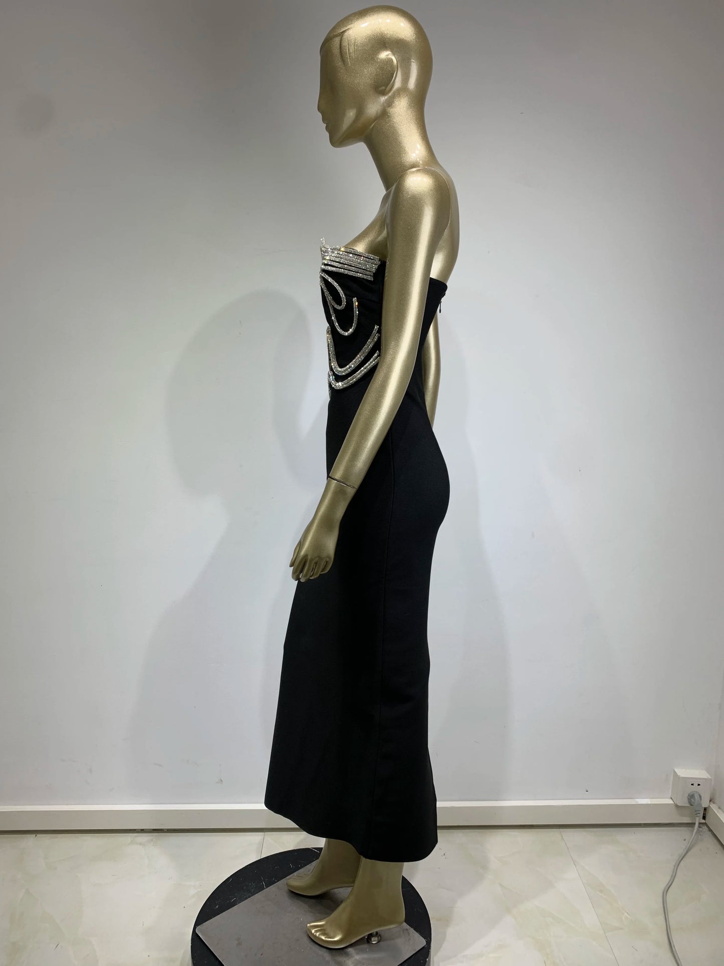 New Women Celebrity Sexy Strapless Backless Diamonds Black Maxi Long Bodycon Bandage Dress 2024 Elegant Evening Club Party Dress