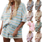 Women Casual 2 Pieces Set Loungewear Matching Suits Stripe Contrast Color Button Crochet Knit Blouse Tops + Shorts Outfits