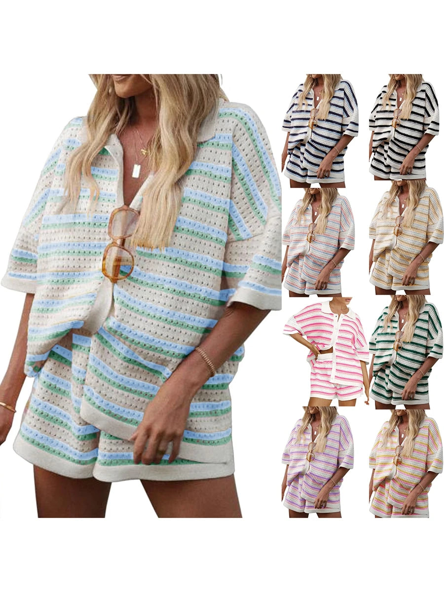 Women Casual 2 Pieces Set Loungewear Matching Suits Stripe Contrast Color Button Crochet Knit Blouse Tops + Shorts Outfits