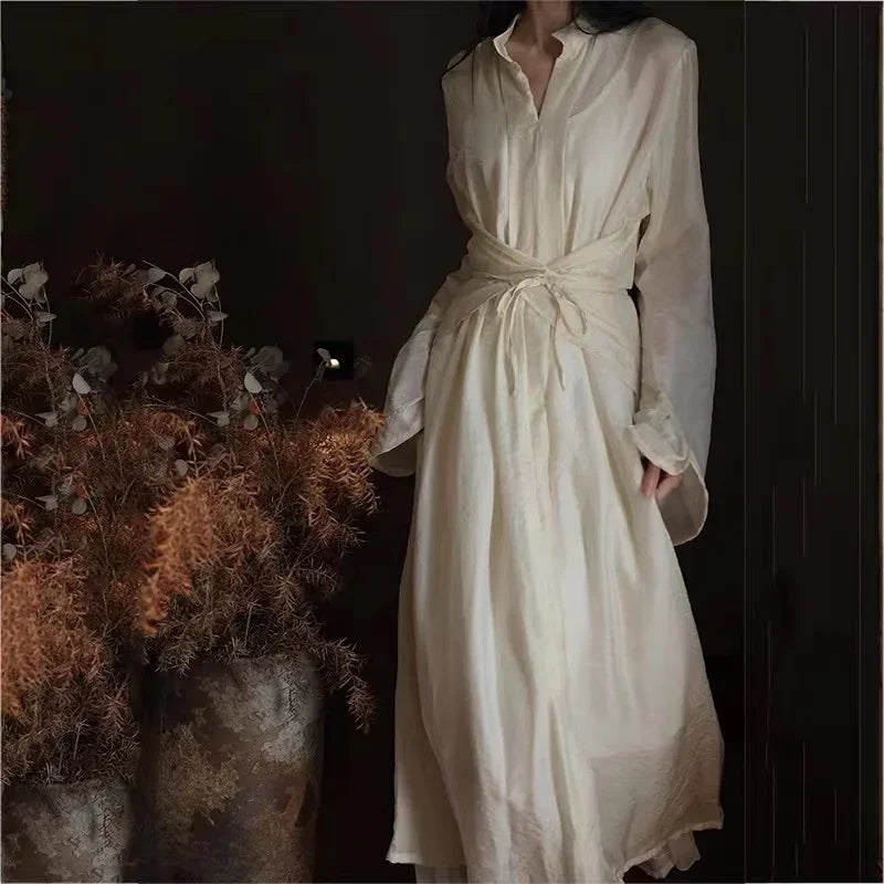 UMI MAO Chinese Style Dress Elegant Stand Up Neck Flare Sleeves Wrap Waist Show Slim Mid Length Black Drop Zen Dresses Women's