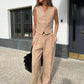 Cotton Linen Blend Vest Wide Leg Pants Suit Spring and Summer Women's Casual Fashion Sleeveless Vest Pleated Low Waist Pants Set