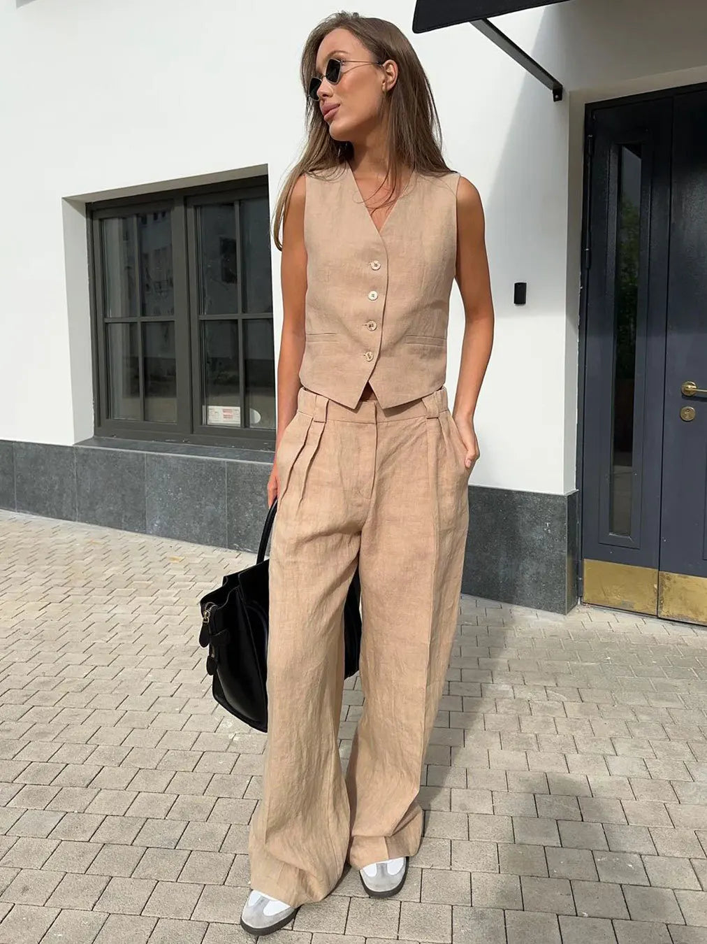 Cotton Linen Blend Vest Wide Leg Pants Suit Spring and Summer Women's Casual Fashion Sleeveless Vest Pleated Low Waist Pants Set