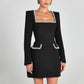 Talenza Long Sleeve Tweed Dress Women's Elegant Square Neck Luxury Party Evening Gown Retro Slim Patchwork Short Dress Vestido