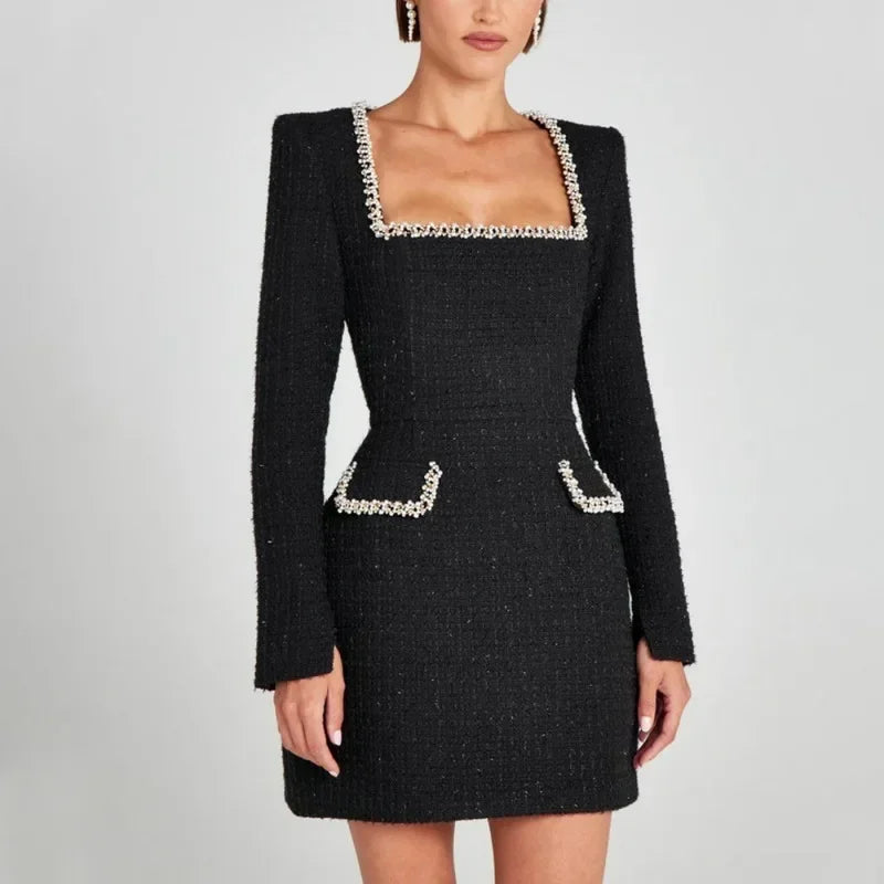 Talenza Long Sleeve Tweed Dress Women's Elegant Square Neck Luxury Party Evening Gown Retro Slim Patchwork Short Dress Vestido