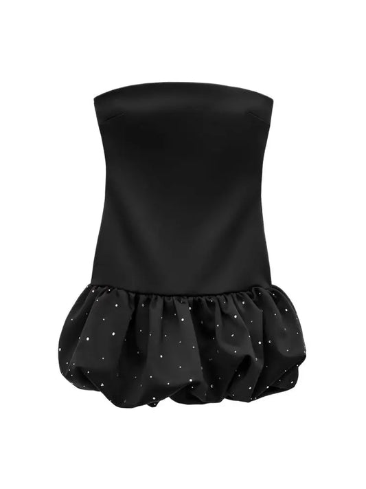 TRZA-Strapless Mini Dress for Women with Rhinestones, Straight Neck, Back Zipper, Female Dresses, Sexy Fashion