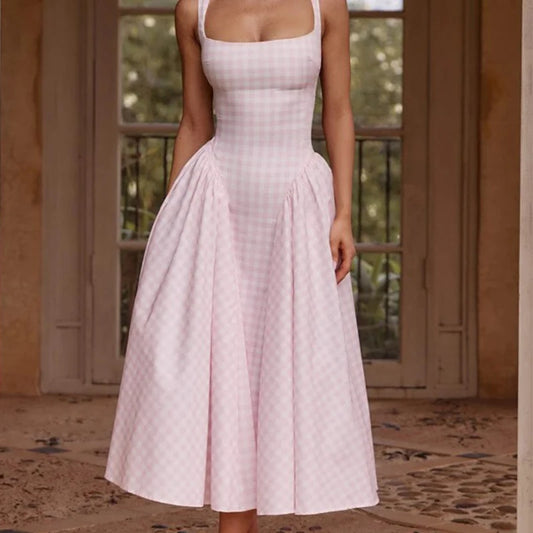 Sexy Sleeveless Elegant Plaid Dress Women Lace Up Back A-line Midi Summer Dresses Party Robe