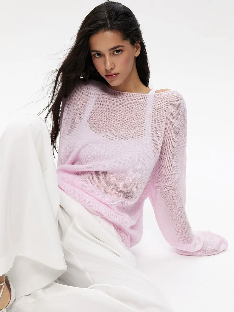 Original Fashion Hollow Out Knit Shirt Spring And Summer Women's Perspective Thin O-Neck Loose Elastic Long Sleeve Knit T-shirt